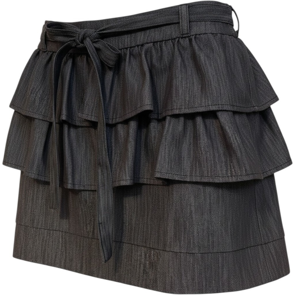 Body Central Ruffle Mini Skirt Gray Denim Tie Belt Flirty Cute Juniors L Vintage